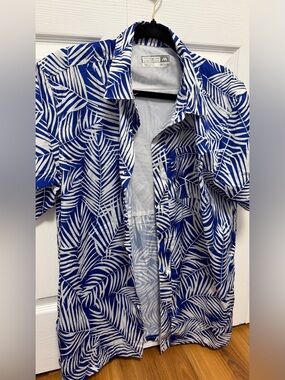 Men's Blue & White Short-Sleeve Printed Shirt Jacket